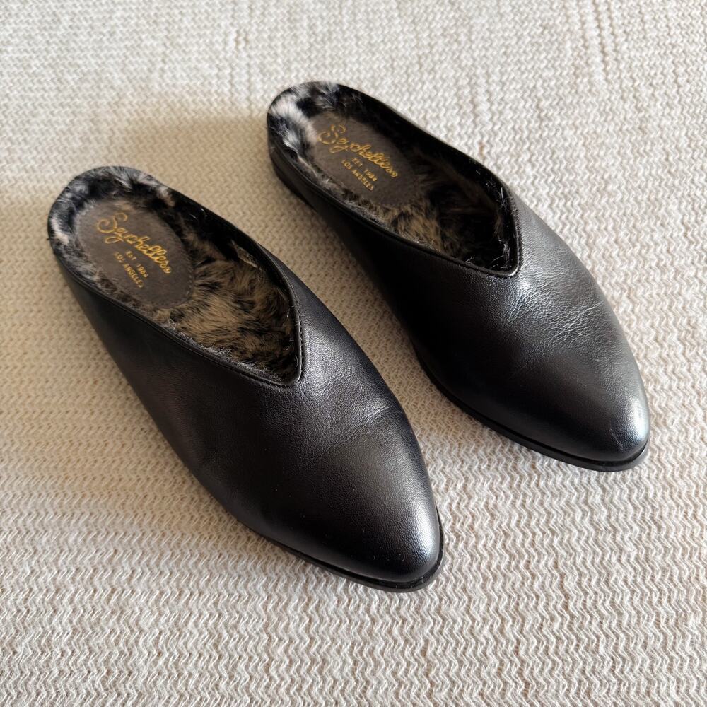 Seychelles Black Leather Faux Fur Pointed Toe Slide On Flat Size 6